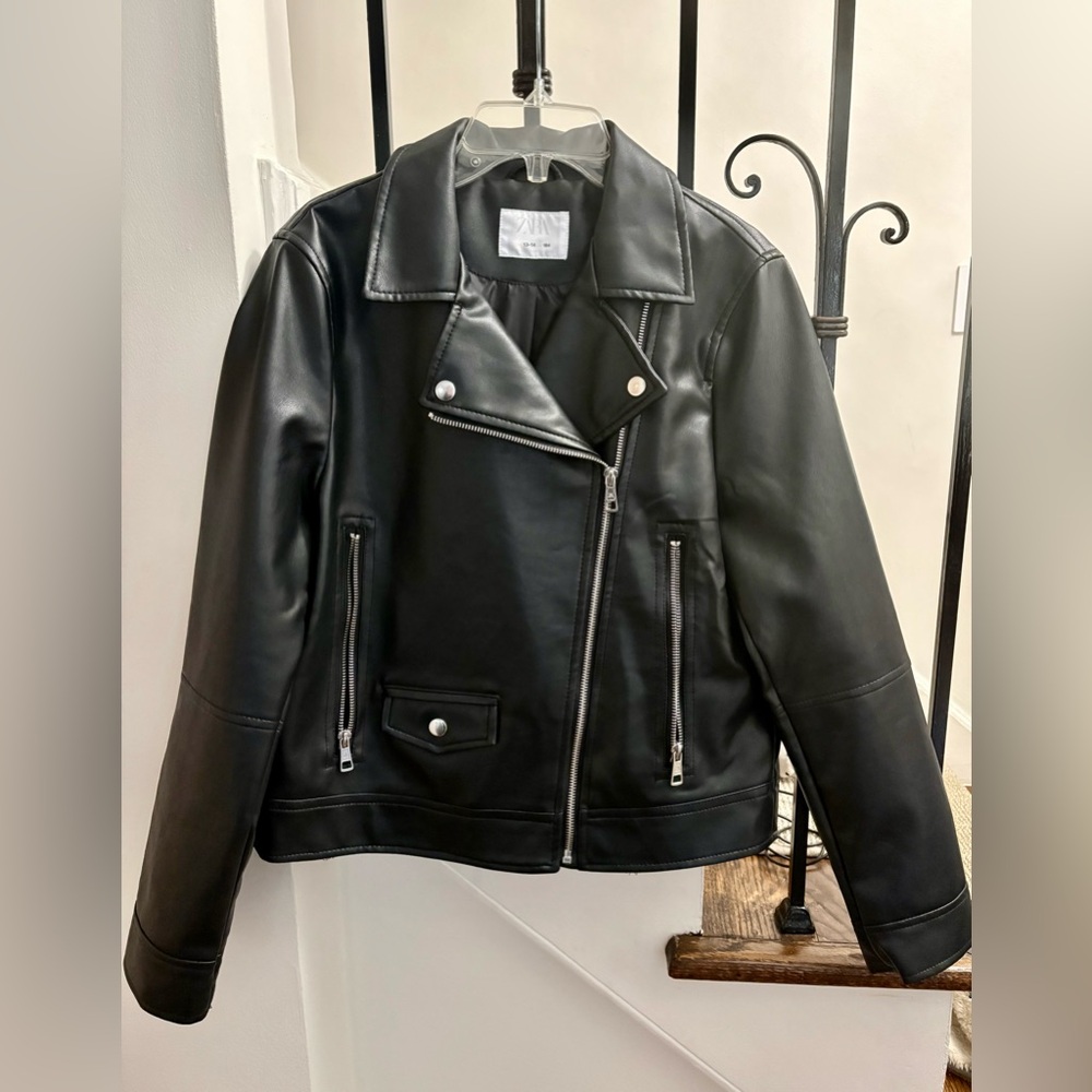 Zara Girls Black Faux Leather Biker Jacket